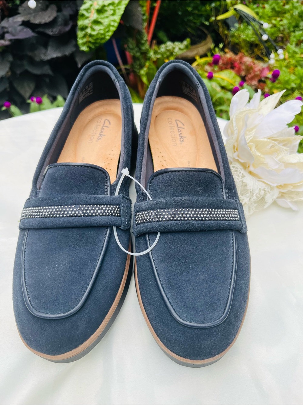 Clarks Navy Suede Loafers with Rhinestone Band